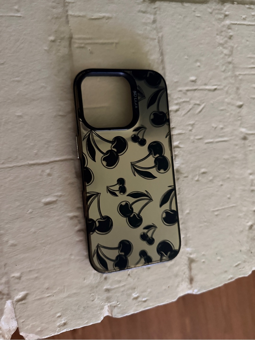 IPHONE 16 PRO: Silver/Black colored Cherry Pattern Phone Case